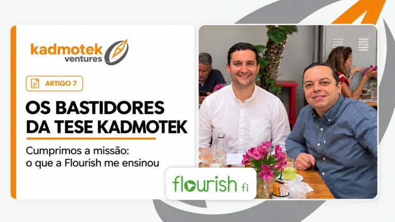 Capa do capítulo 7 de Bastidores da Tese Kadmotek sobre a Flourish, com foto de um encontro em restaurante e logos das empresas.